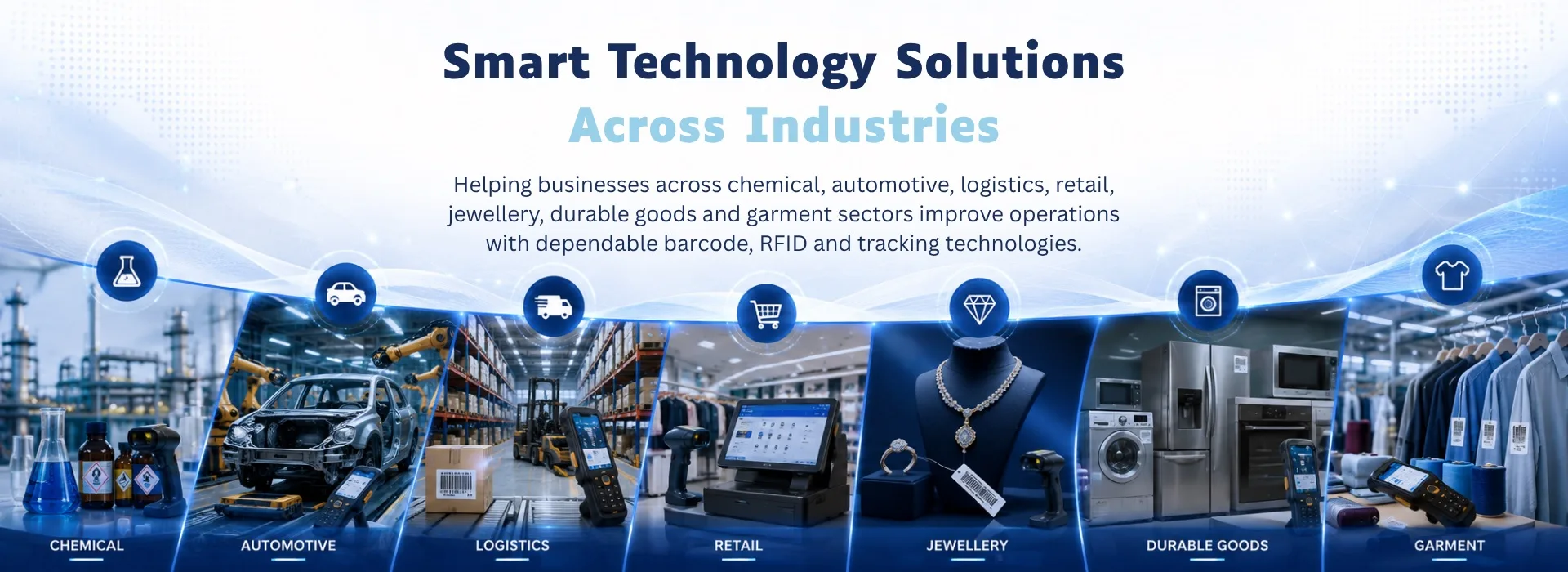 Barcode, RFID and tracking technology for chemical, automotive, logistics, retail, jewellery, durable goods and garment businesses